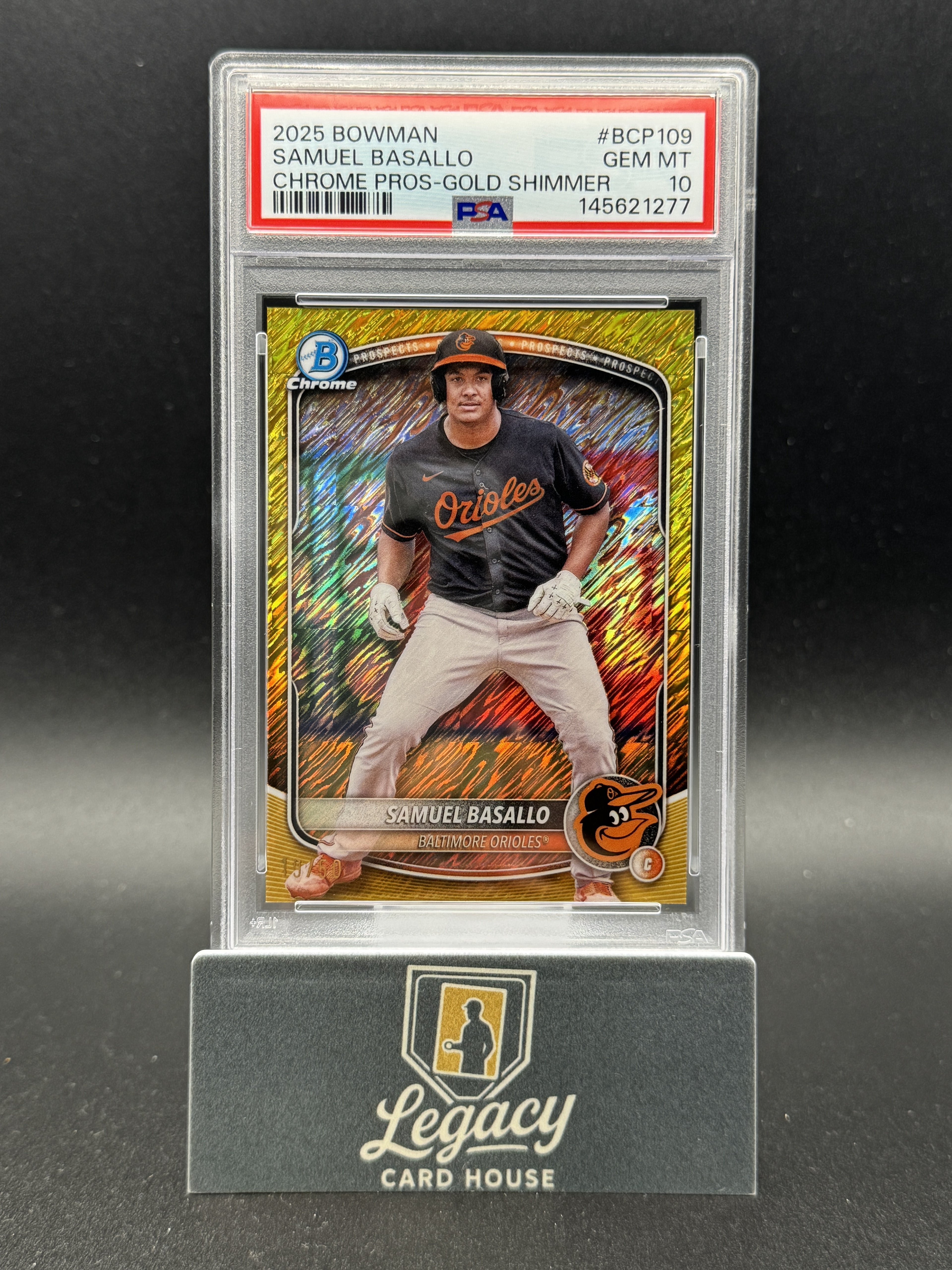 2025 Bowman Samuel Basallo Chrome Prospects Gold Shimmer Refractor PSA 10 #/50
