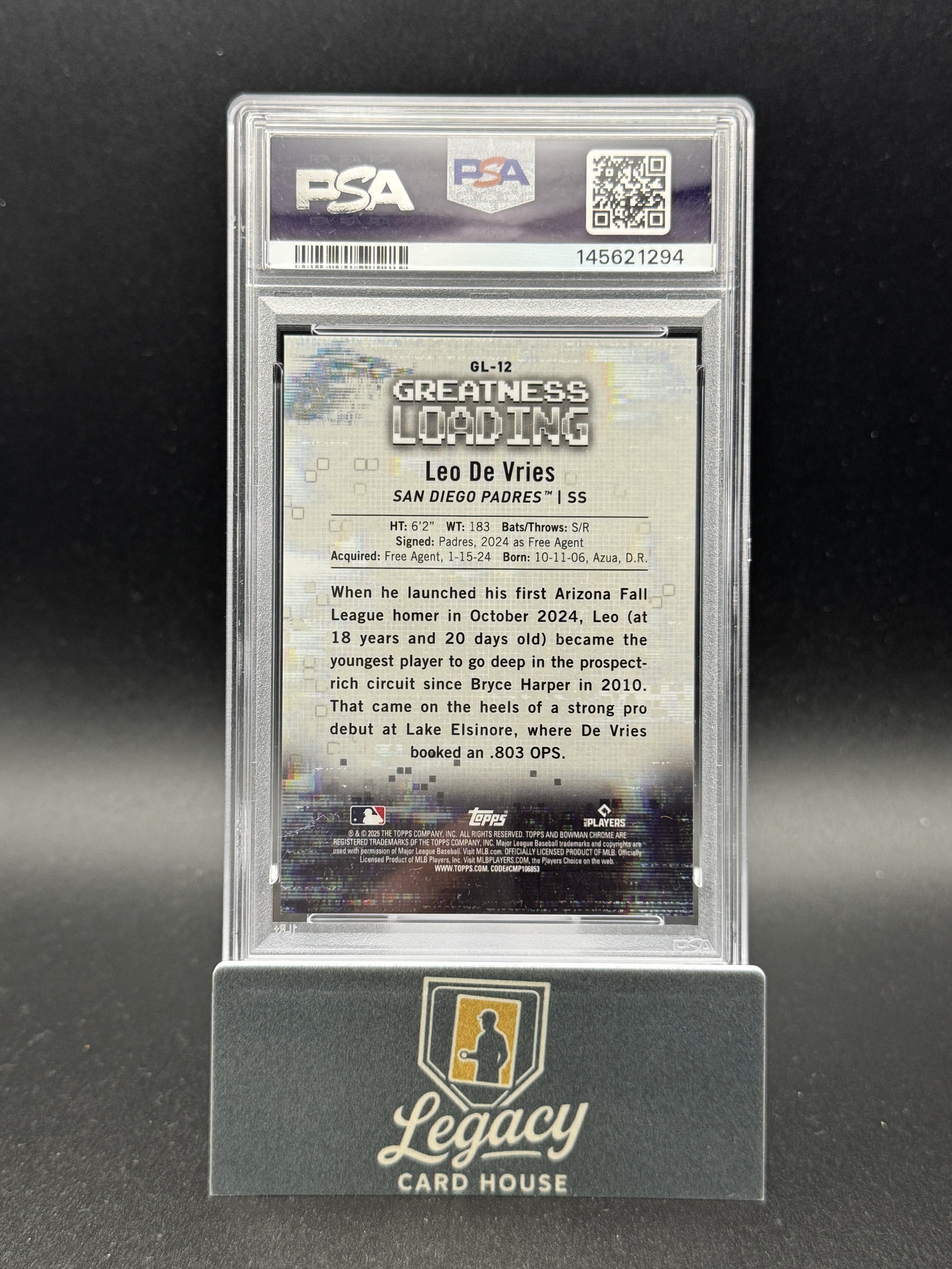 2025 Bowman #GL-12 Leo De Vries Greatness Loading Aqua Refractor PSA 9 #/125