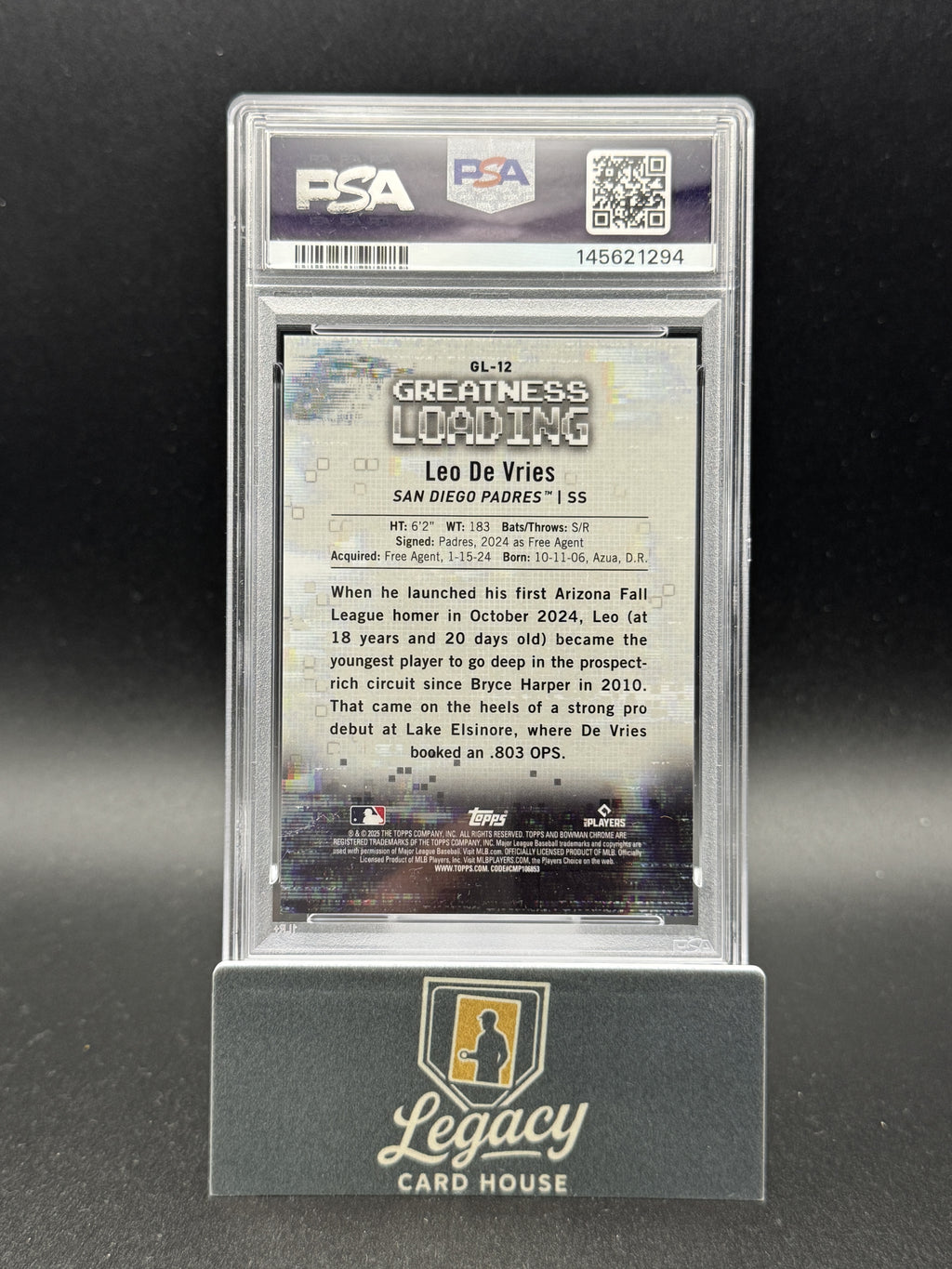 2025 Bowman #GL-12 Leo De Vries Greatness Loading Aqua Refractor PSA 9 #/125