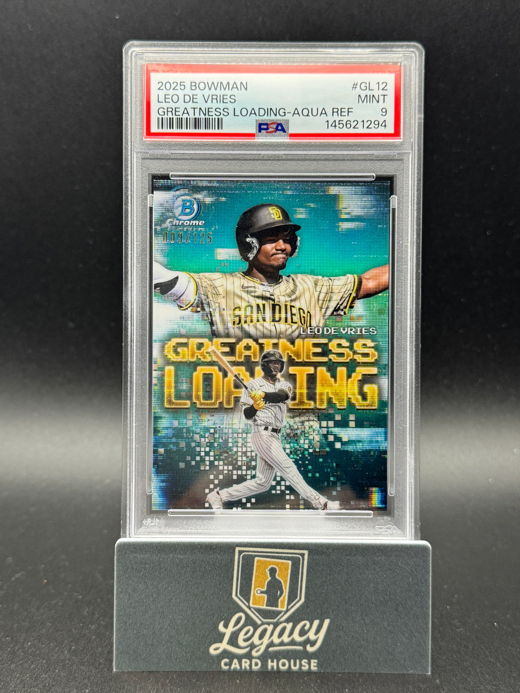 2025 Bowman #GL-12 Leo De Vries Greatness Loading Aqua Refractor PSA 9 #/125