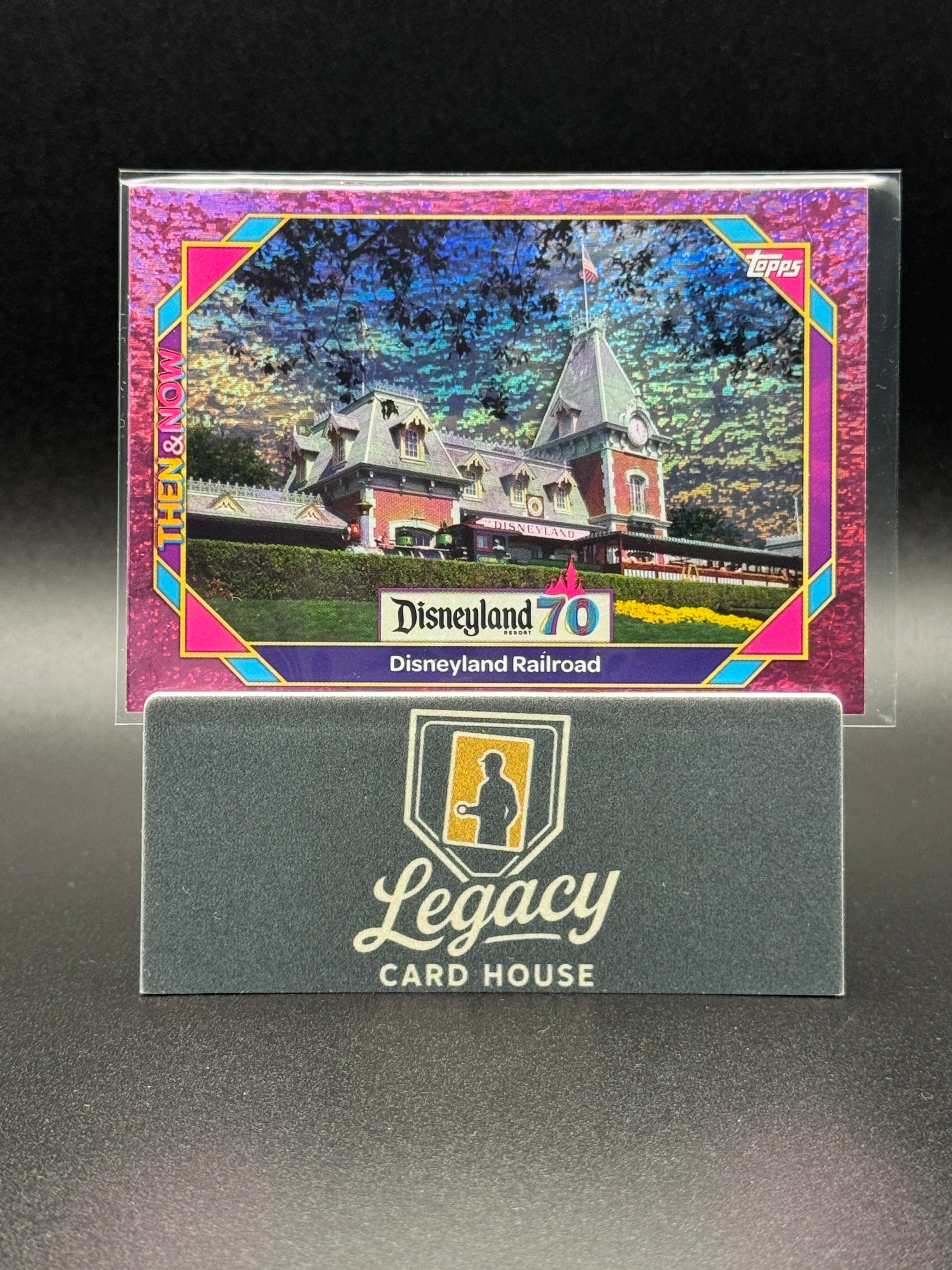 2025 Topps Disneyland 70th Anniversary #1 Disneyland Railroad Pink Shimmer Foil