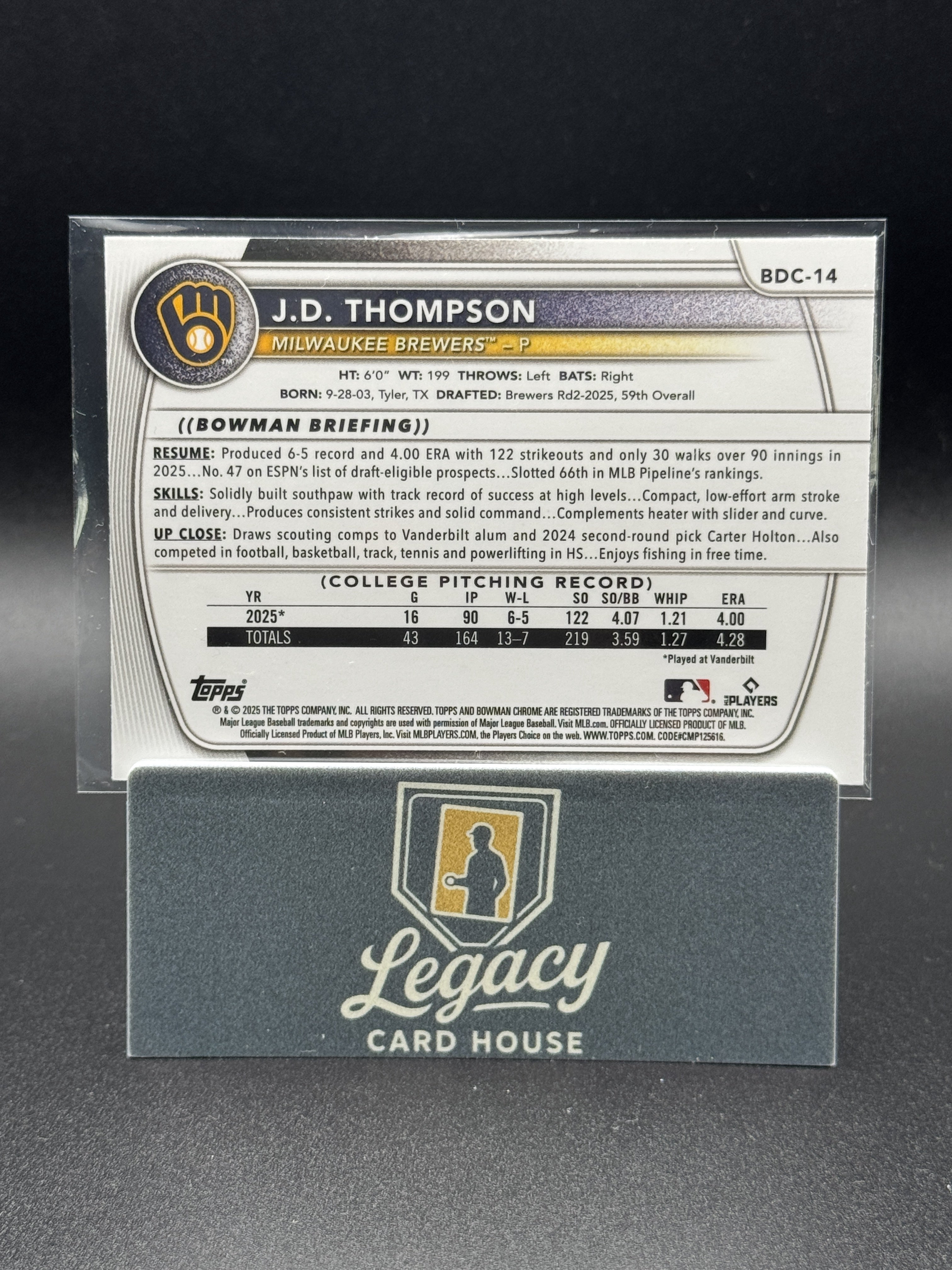 2025 Bowman Draft #BDC-14 JD Thompson Chrome Blue Mojo Refractor #/150