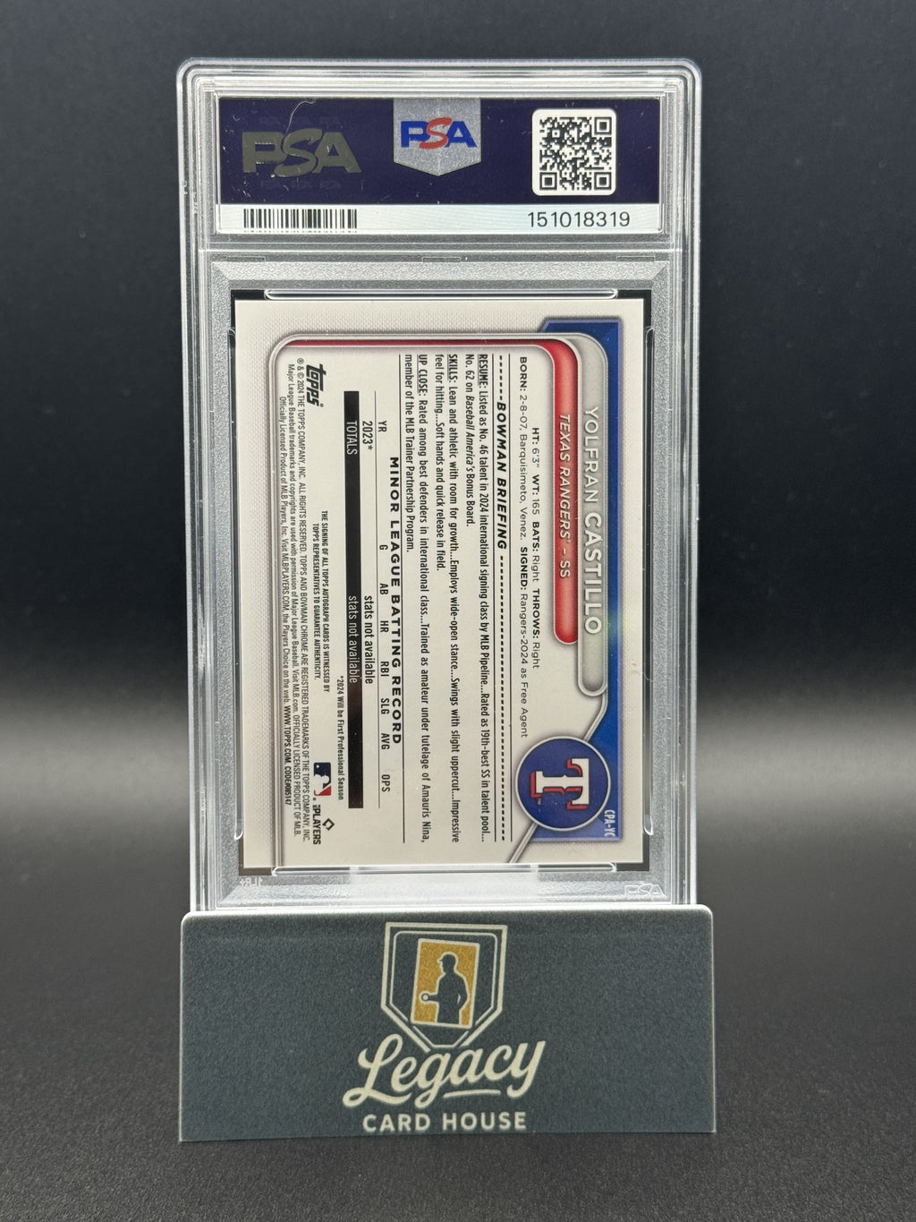 2024 Bowman Chrome Yolfran Castillo Prospect Auto Purple Refr. PSA 10 #/250