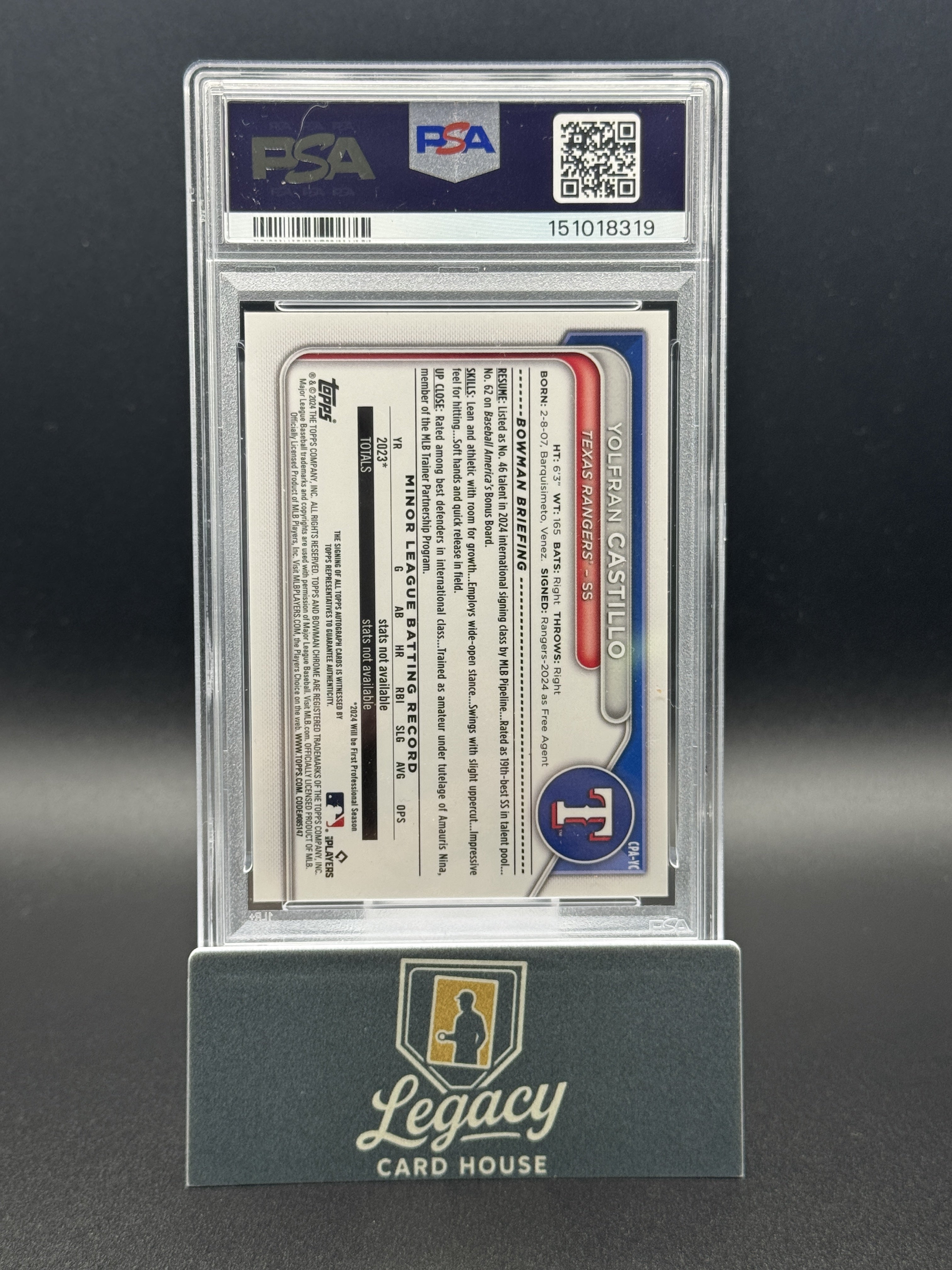 2024 Bowman Chrome Yolfran Castillo Prospect Auto Purple Refr. PSA 10 #/250