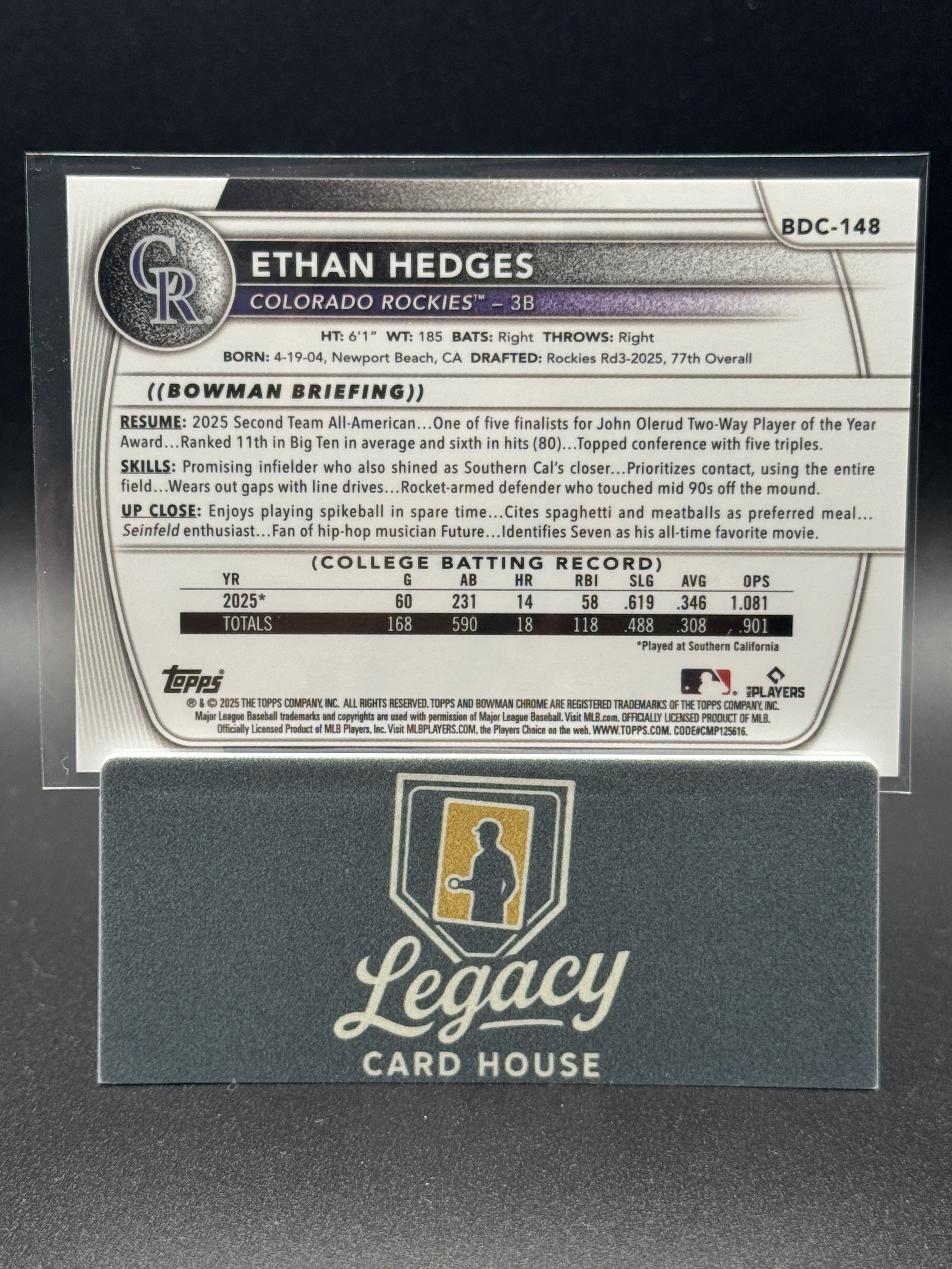 2025 Bowman Draft #BDC-148 Ethan Hedges Chrome Gold Mojo Refractor #/50