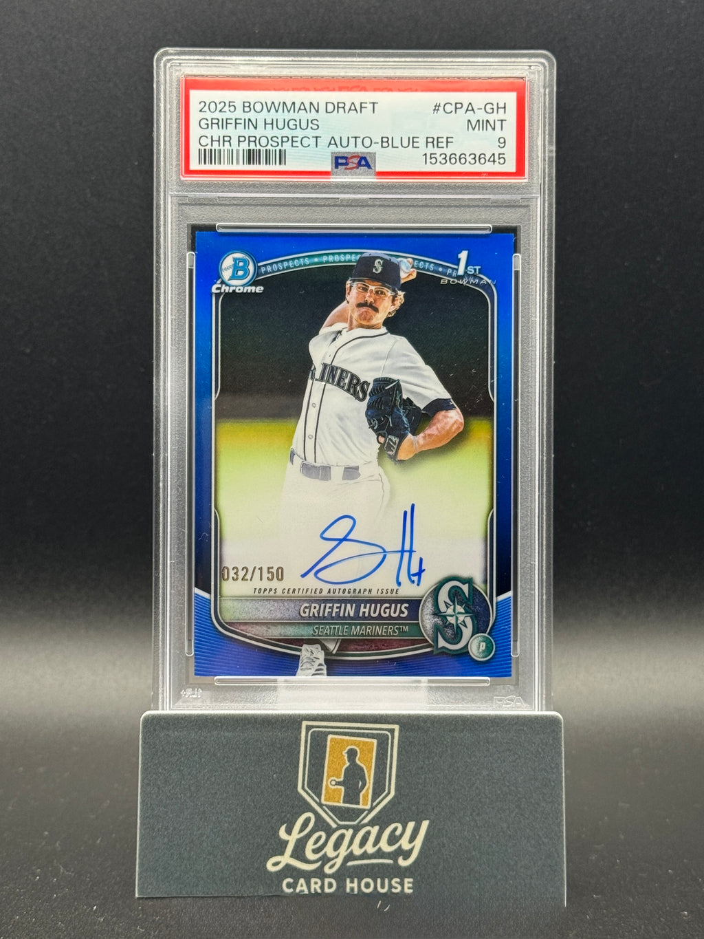 2025 Bowman Draft Griffin Hugus Chrome Prosp. Auto Blue Refractor PSA 9 #/150