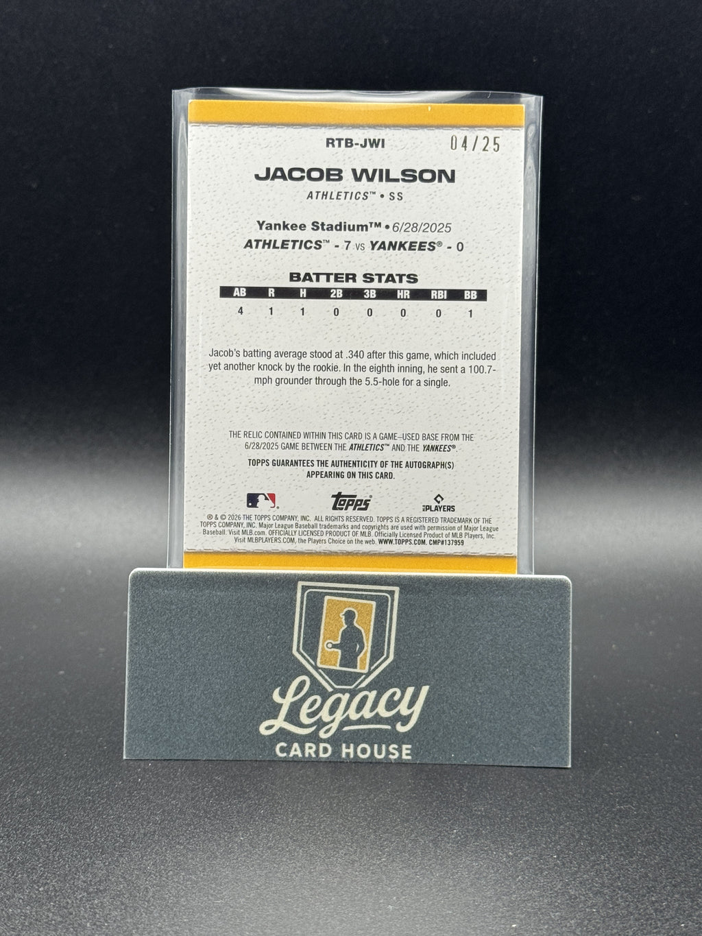 2026 Topps #RTB-JWI Jacob Wilson Rounding the Bases Relics Orange #/25