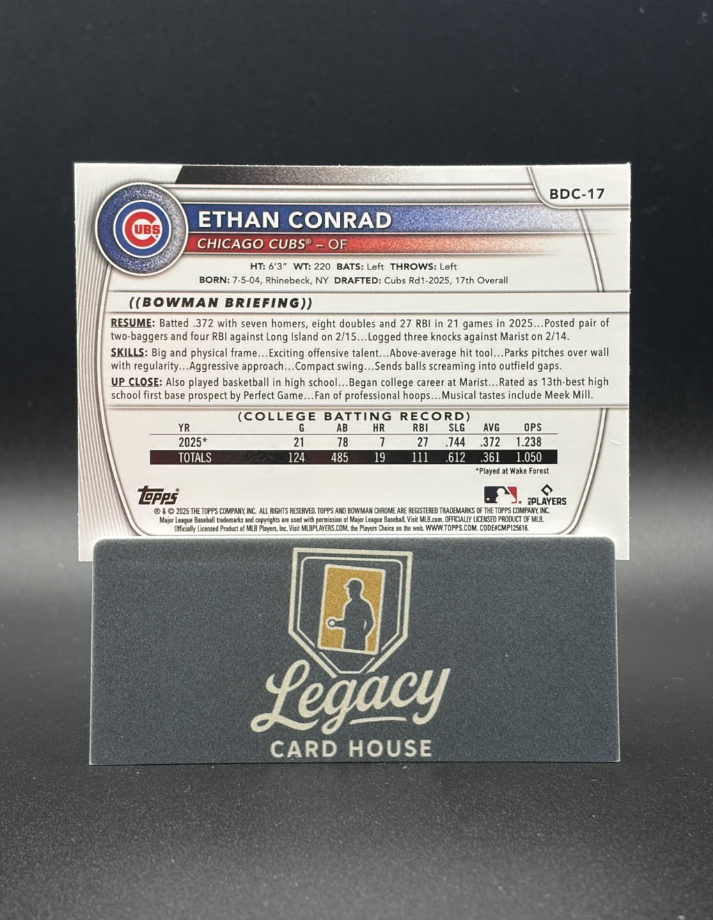 2025 Bowman Draft #BDC-17 Ethan Conrad Chrome Yellow Mojo Refractor #/75