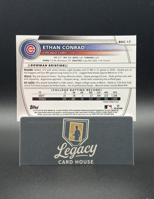 2025 Bowman Draft #BDC-17 Ethan Conrad Chrome Yellow Mojo Refractor #/75