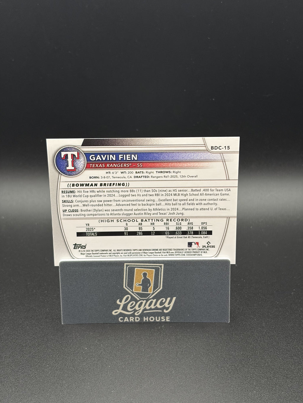 2025 Bowman Draft #BDC-15 Gavin Fien Chrome Gold Mojo Refractor #/50