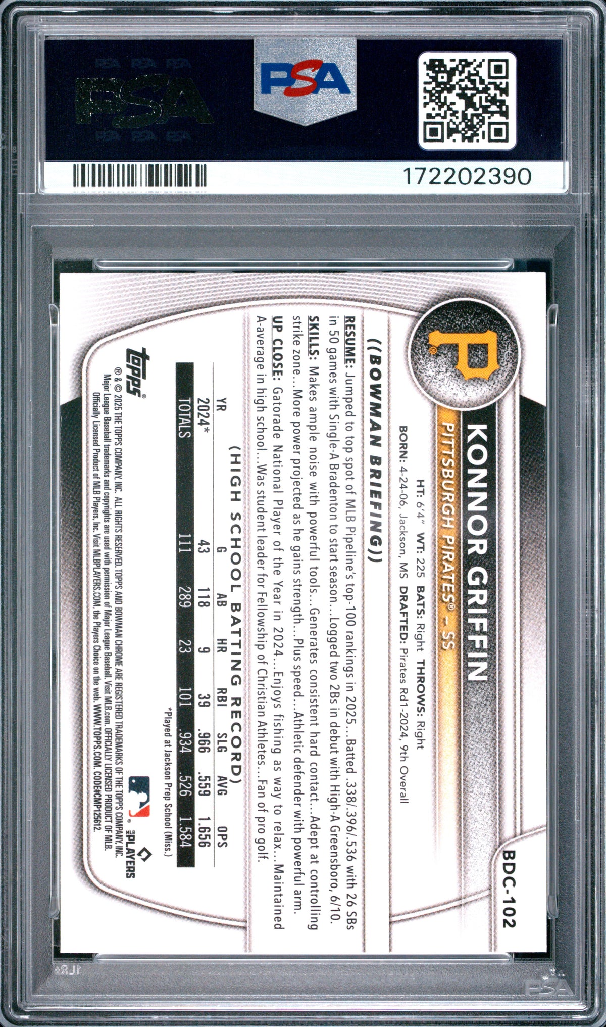 2025 Bowman Draft #BDC-102 Konnor Griffin Chrome Popcorn Refractor PSA 10