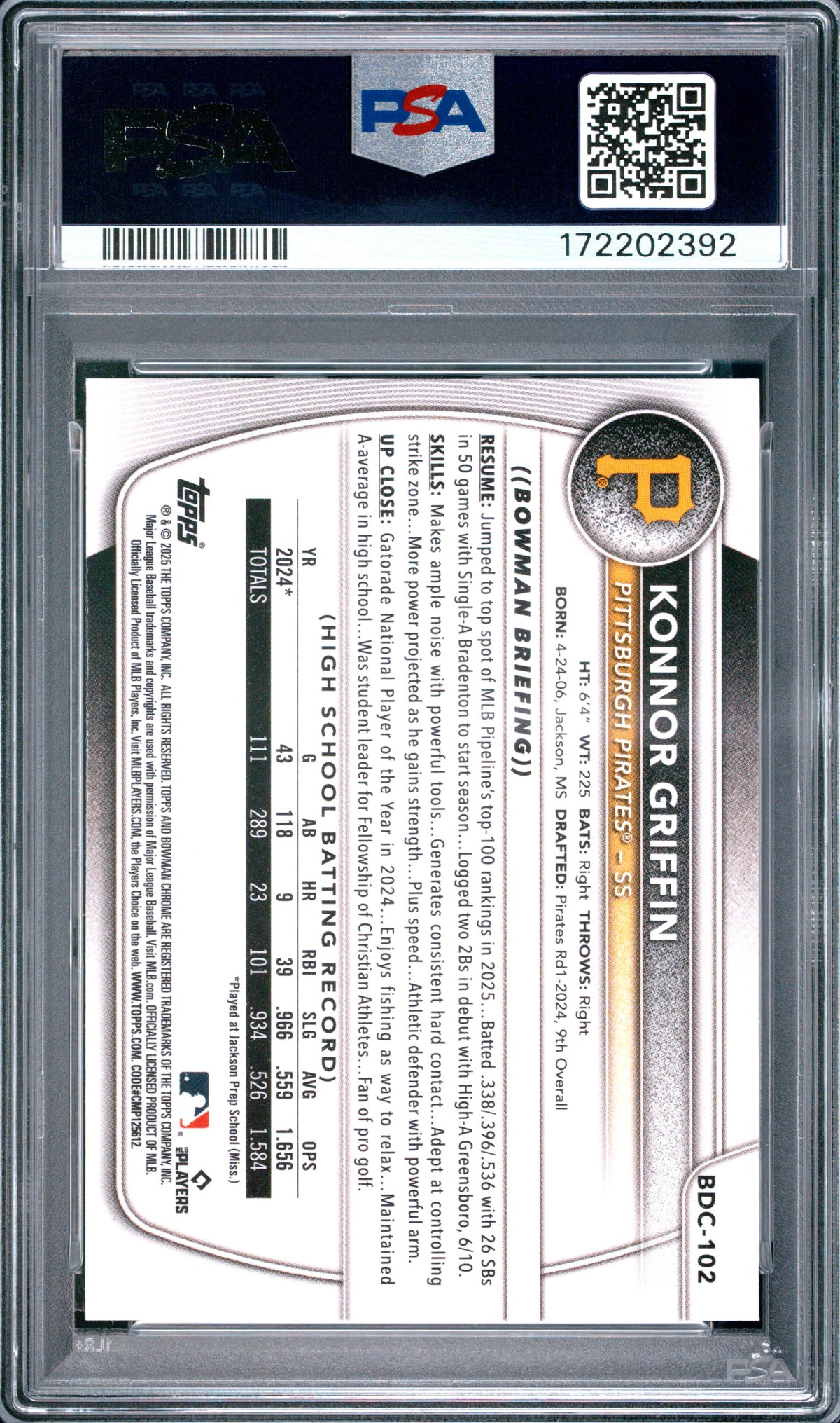 2025 Bowman Draft #BDC-102 Konnor Griffin Chrome PSA 10