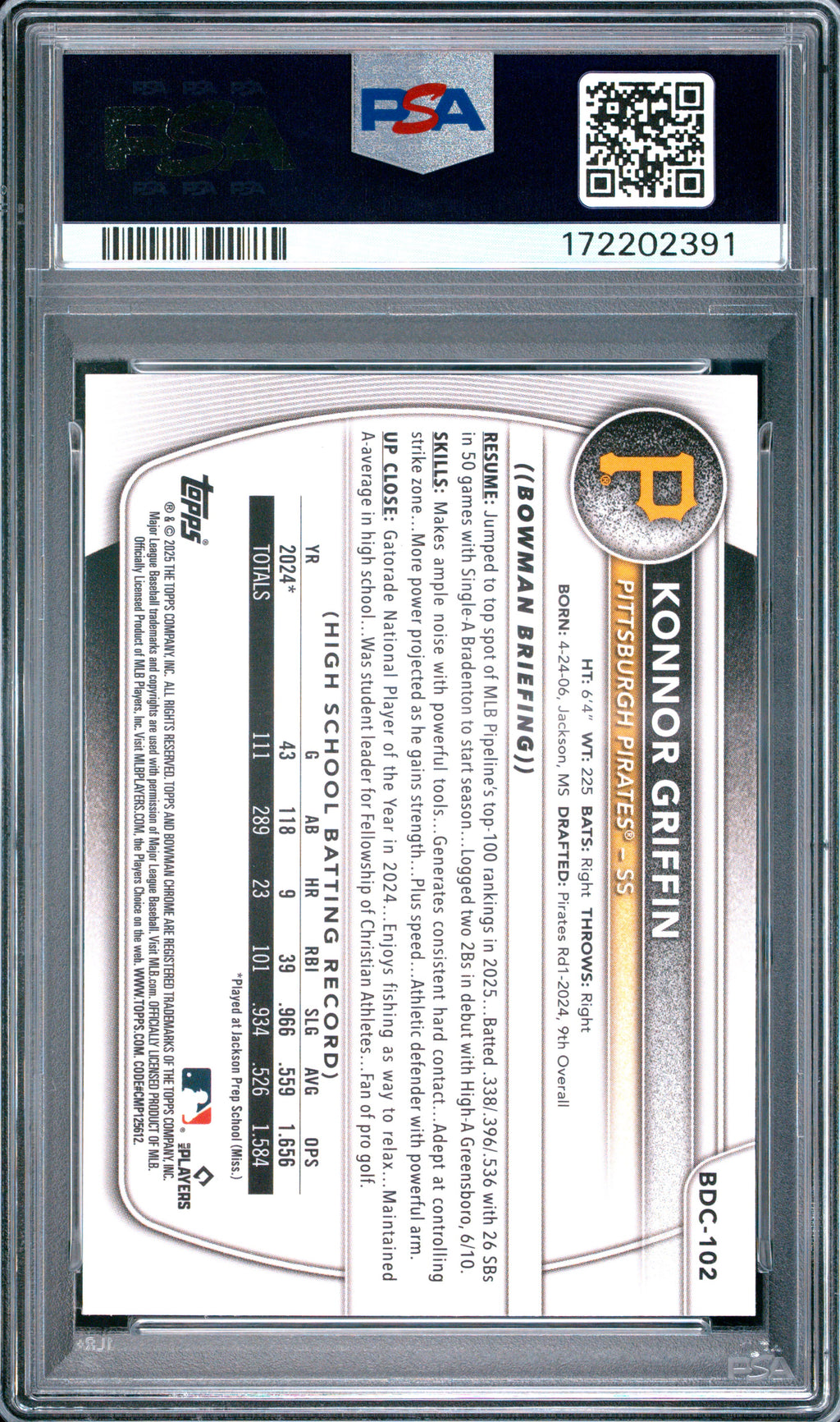2025 Bowman Draft #BDC-102 Konnor Griffin Chrome PSA 10