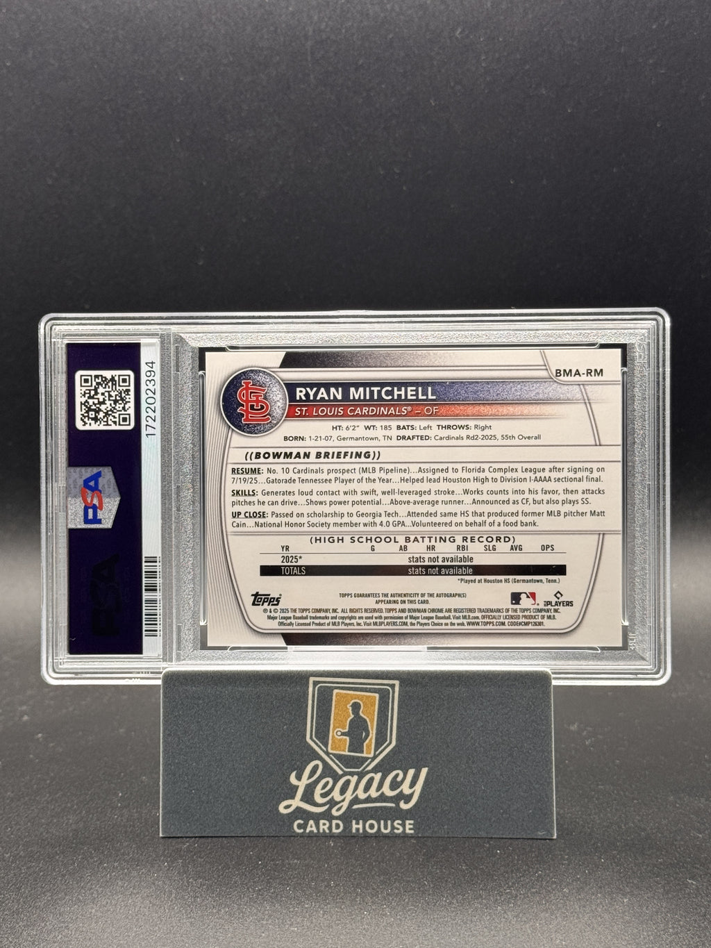 2025 Bowman Draft Ryan Mitchell #BMA-RM Chrome Prosp Auto Purple Mojo PSA 10