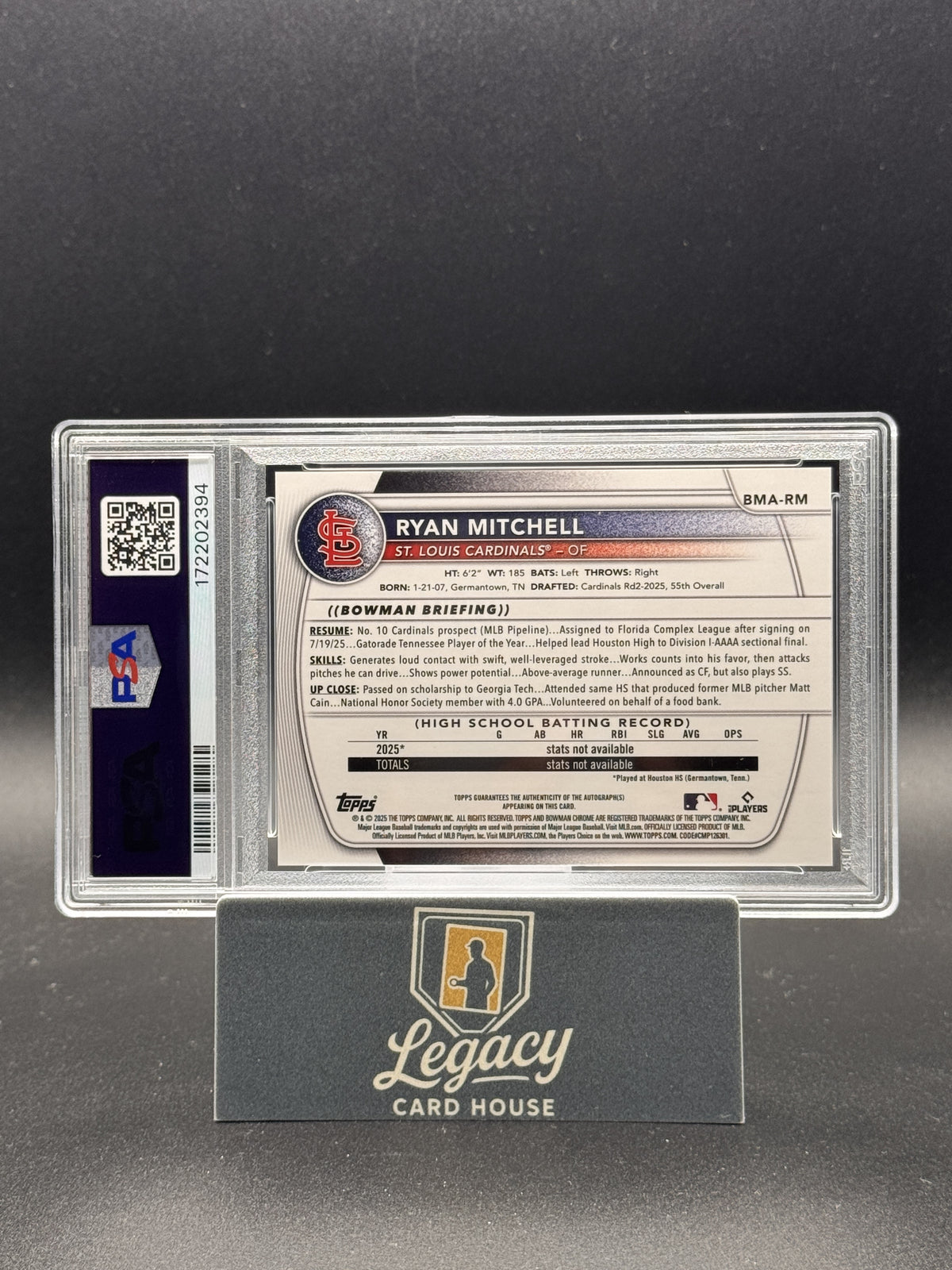 2025 Bowman Draft Ryan Mitchell #BMA-RM Chrome Prosp Auto Purple Mojo PSA 10