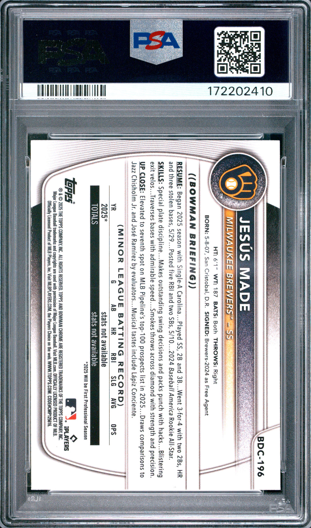 2025 Bowman Draft Mega Box #196 Jesus Made Chrome Prospects PSA 10