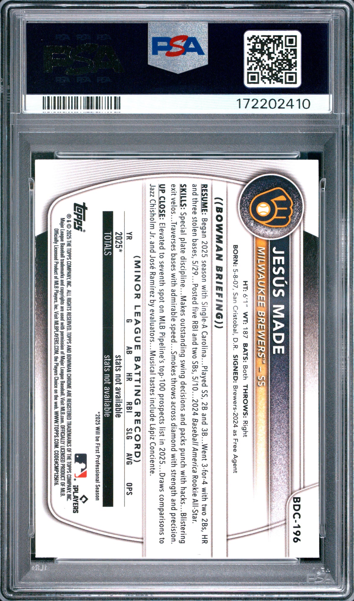 2025 Bowman Draft Mega Box #196 Jesus Made Chrome Prospects PSA 10