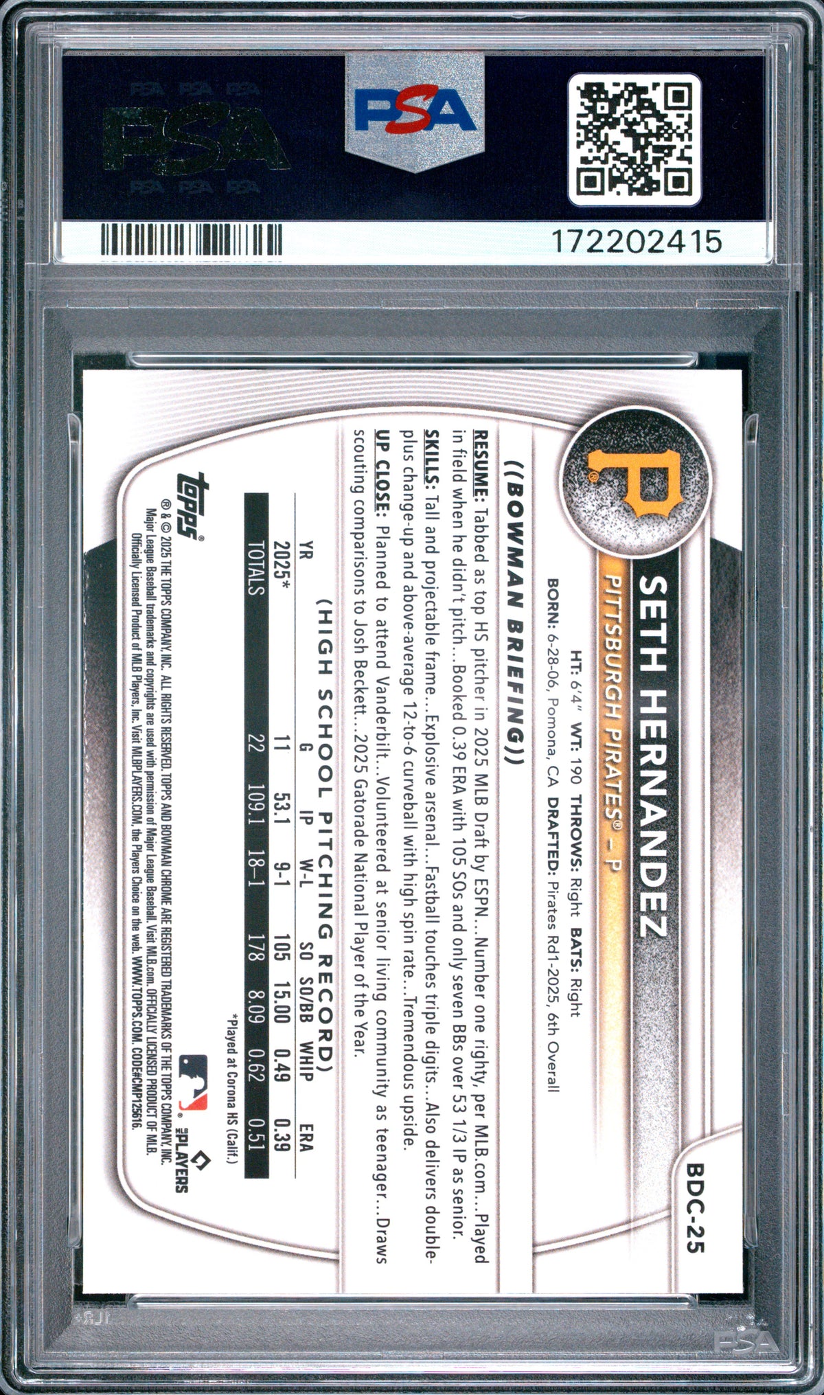 2025 Bowman Draft Mega Box #25 Seth Hernandez Chrome Prospects PSA 10