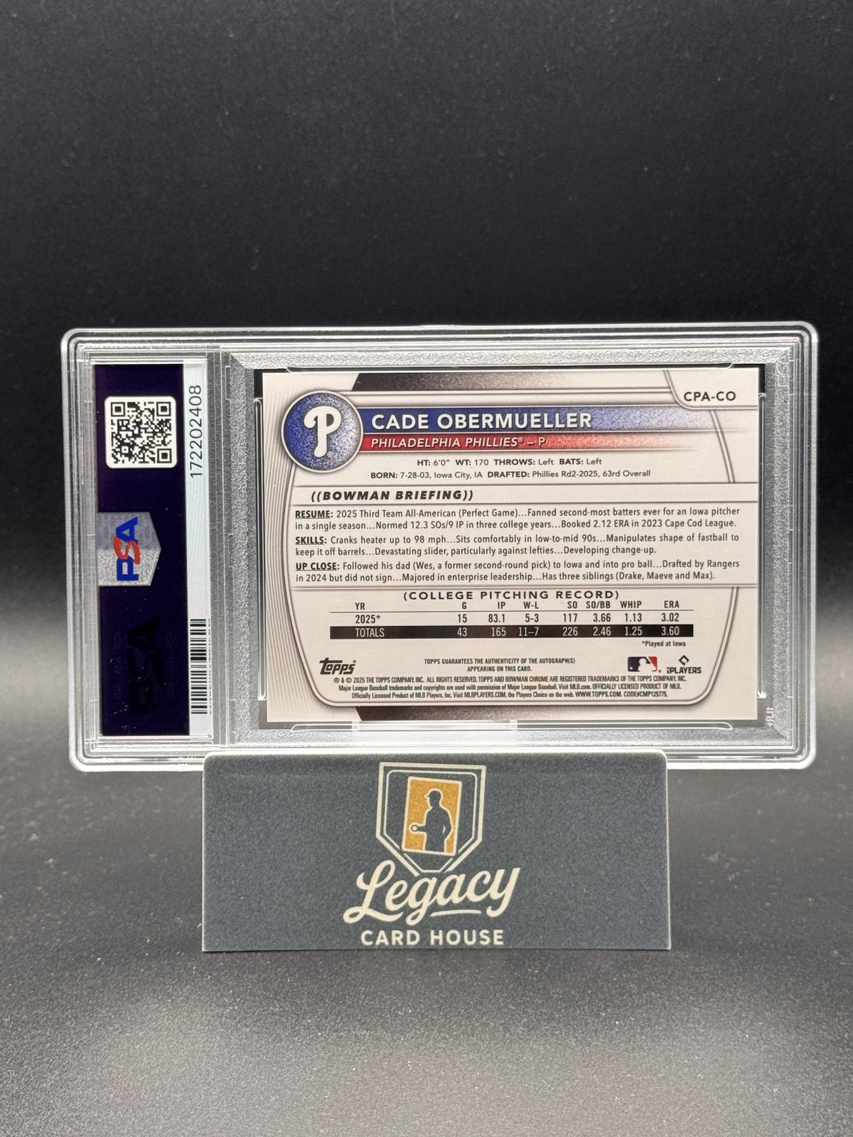 2025 Bowman Draft Chrome Prospect Autographs Cade Obermueller #CPA-CO PSA 9