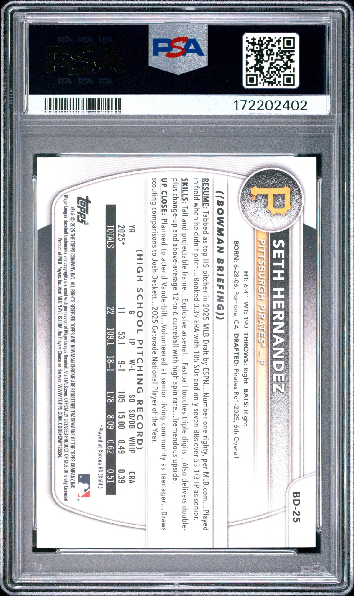 2025 Bowman Draft #BD-25 Seth Hernandez PSA 9