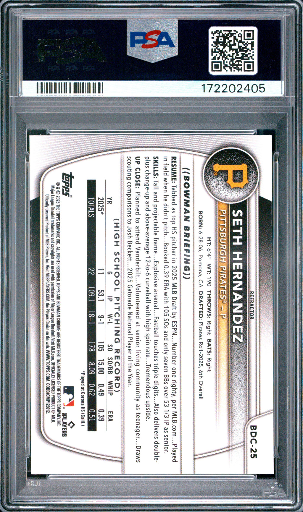 2025 Bowman Draft #BDC-25 Seth Hernandez Chrome-Refractor PSA 9