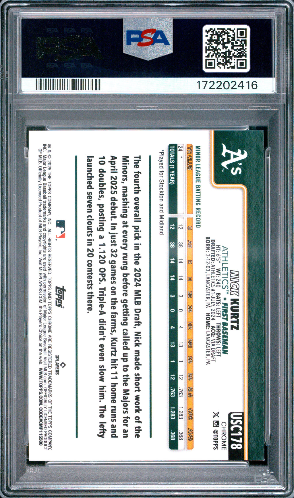 2025 Topps Chrome Update #178 Nick Kurtz PSA 9