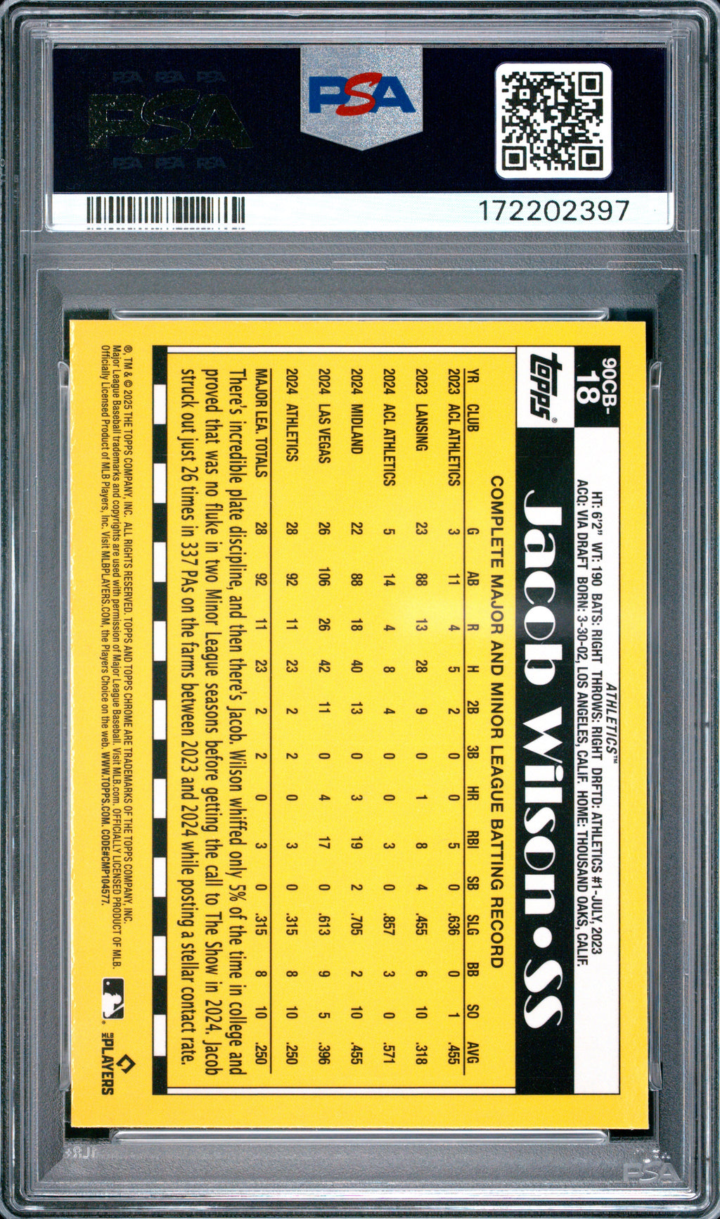2025 Topps Chrome Logofractor Edition 1990 Topps Chrome #18 Jacob Wilson PSA 9