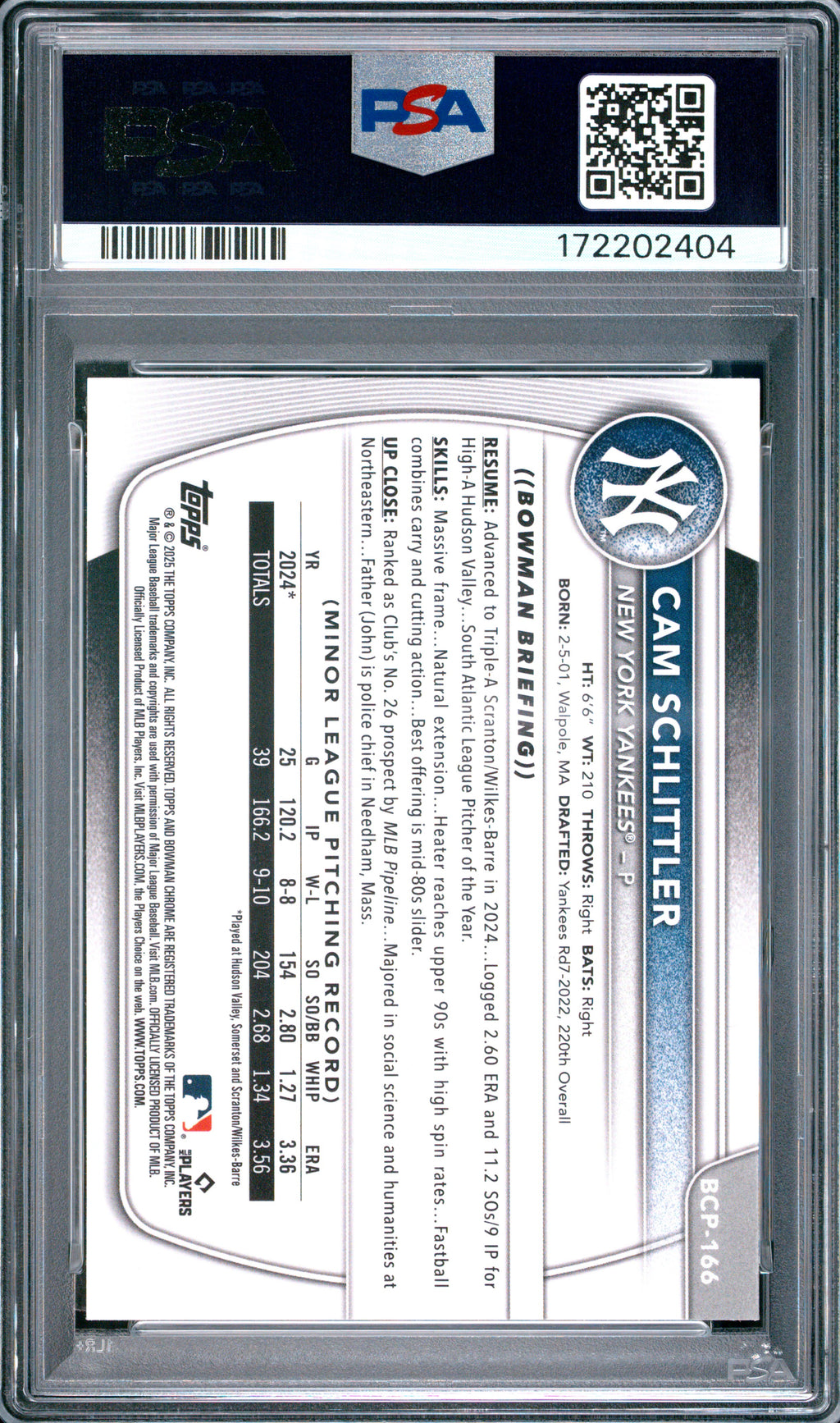 2025 Bowman Chrome #BCP-166 Cam Schlittler Prospects Mojo PSA 10