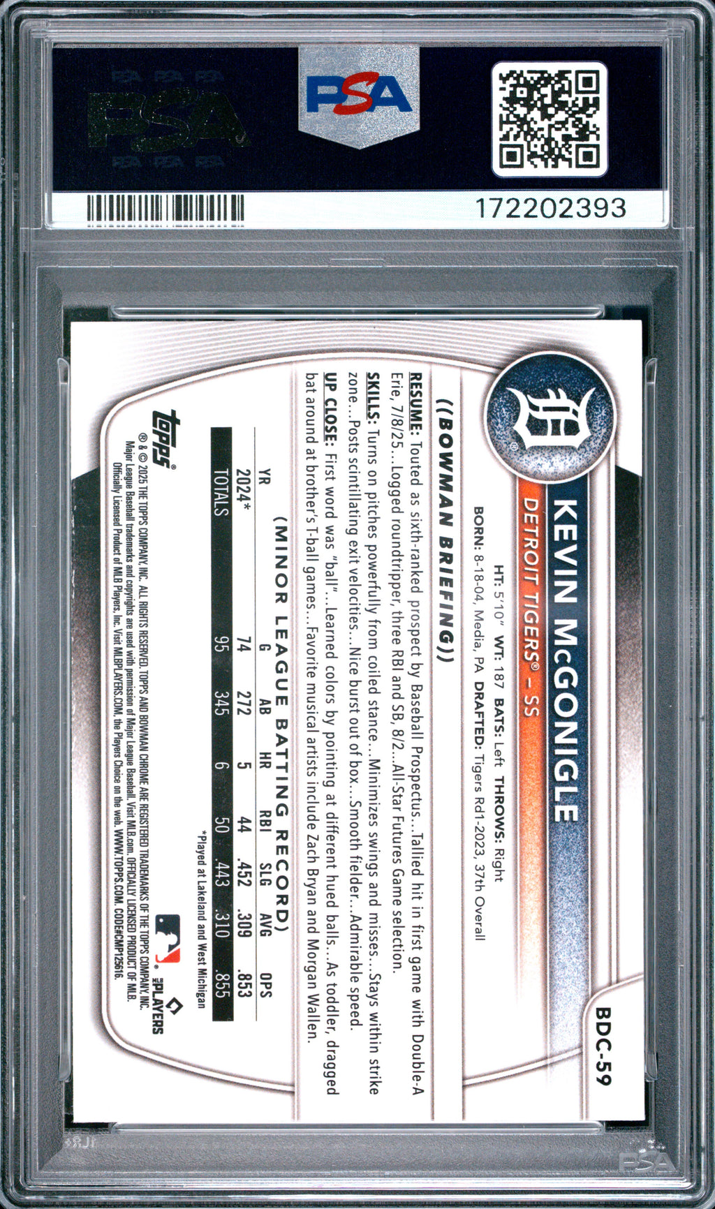 2025 Bowman Draft Mega Box #59 Kevin Mcgonigle Chrome Prospects PSA 10
